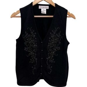 VINTAGE Lambswool Blend Black Knit Beaded Floral Sweater Vest Size Small / P